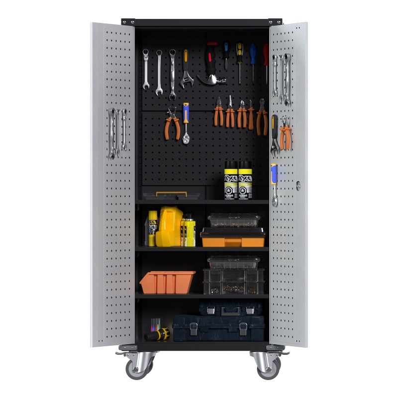 Pemberly Row Metal Tool Storage Cabinet with Pegboard & Shelves in Gray & Black