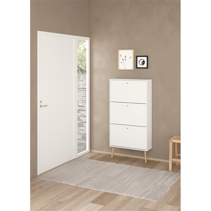 Pemberly Row Contemporary Shoe Cabinet with 3 Storage Drawers in White