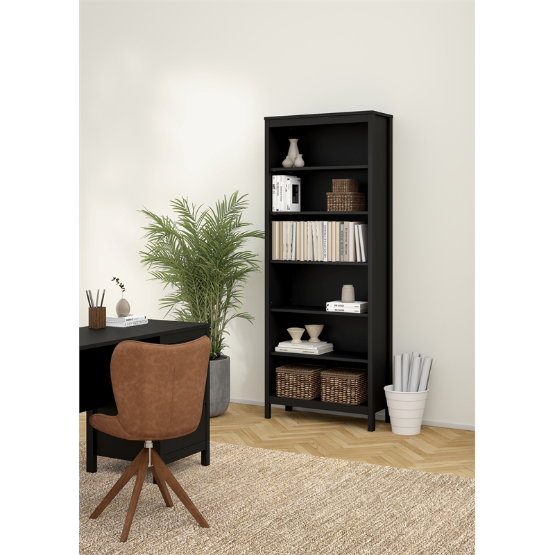 Pemberly Row Adjustable 6 Shelf Open Storage Bookcase in Black Matte