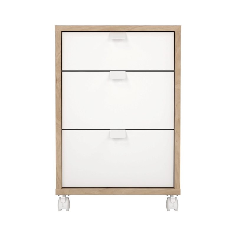 Pemberly Row Mobile Cabinet with 3 Drawers and casters in Hickory and White