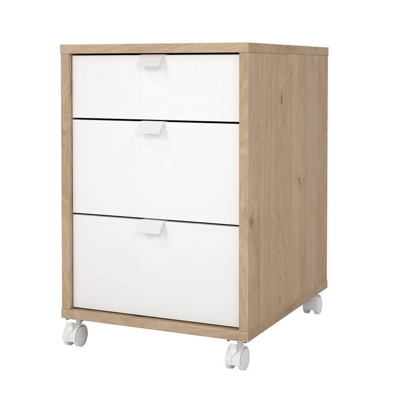 Pemberly Row Mobile Cabinet with 3 Drawers and casters in Hickory and White