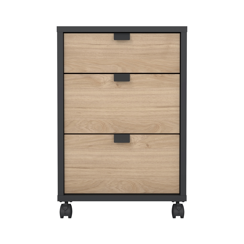 Pemberly Row Mobile Cabinet with 3 Drawers in Matte Grey and Jackson Hickory