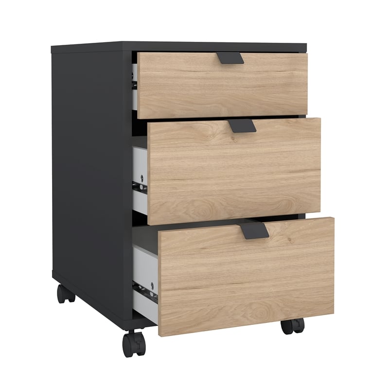 Pemberly Row Mobile Cabinet with 3 Drawers in Matte Grey and Jackson Hickory