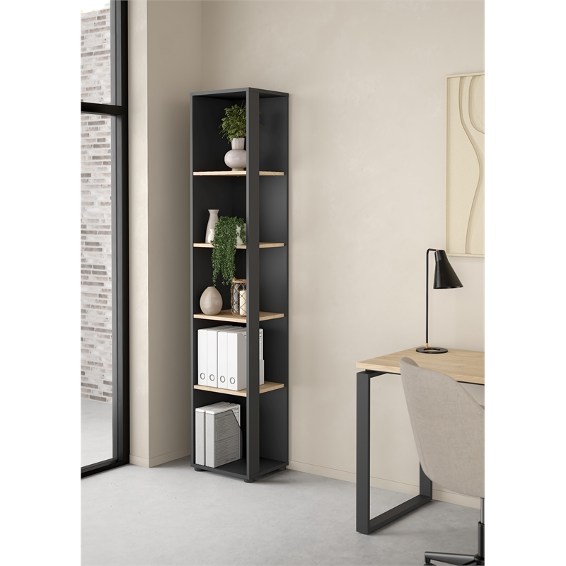 Pemberly Row Tall Open Storage 5 Shelf Bookcase in Matte Grey & Jackson Hickory