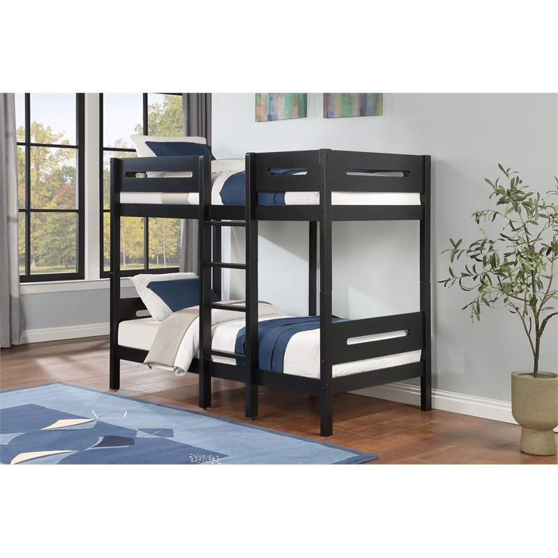 Pemberly Row Transitional Wooden Frame Twin over Twin Bunk Bed in Black