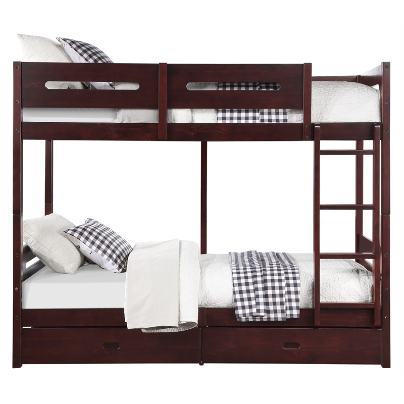 Pemberly Row Transitional Wooden Frame Twin over Twin Bunk Bed in Espresso