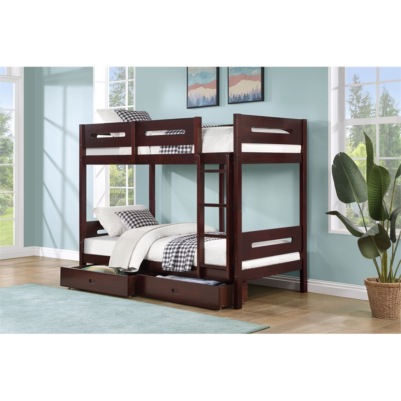 Pemberly Row Transitional Wooden Frame Twin over Twin Bunk Bed in Espresso