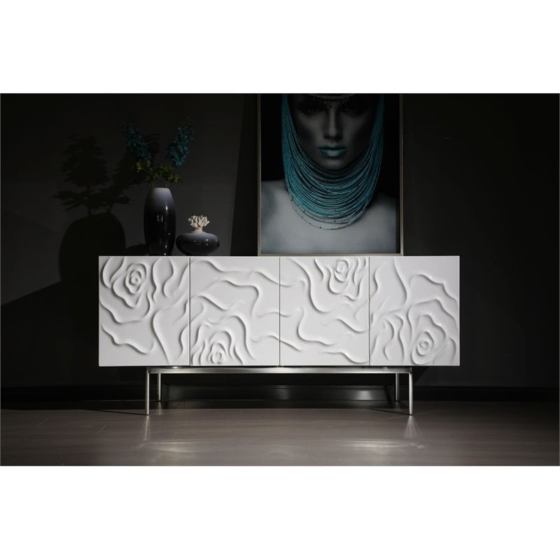 Pemberly Row Modern MDF Wood & Stainless Steel Buffet in High Gloss White