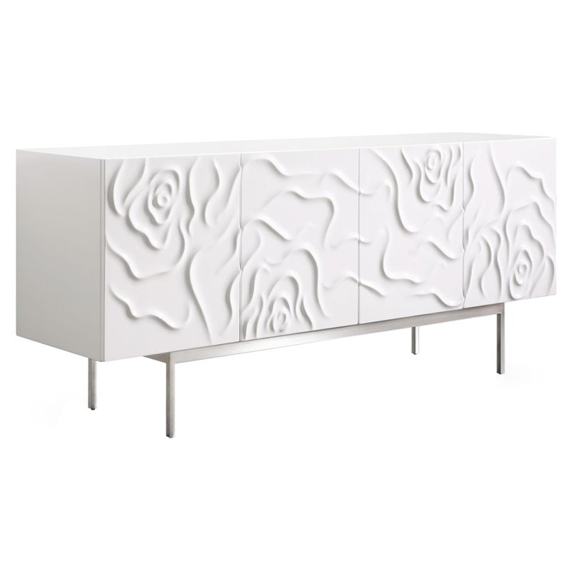 Pemberly Row Modern MDF Wood & Stainless Steel Buffet in High Gloss White