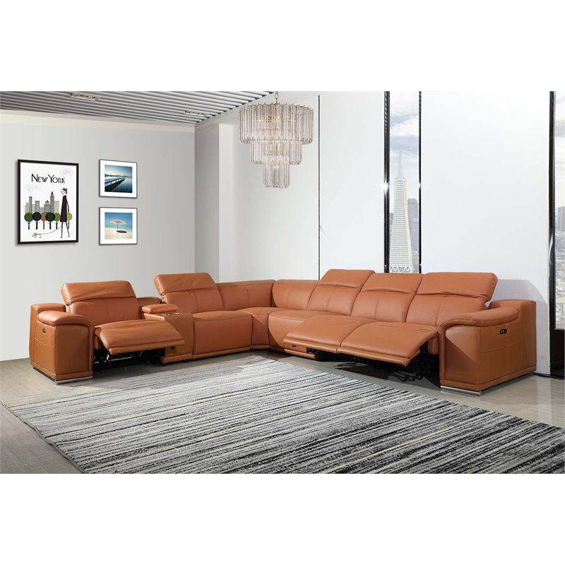 Pemberly Row 7-Piece 1 Console 3-Power Reclining Leather Sectional in Brown