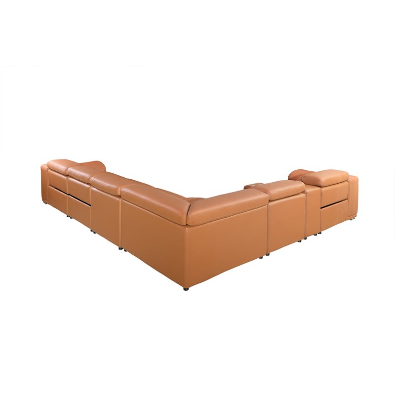 Pemberly Row 7-Piece 1 Console 3-Power Reclining Leather Sectional in Brown