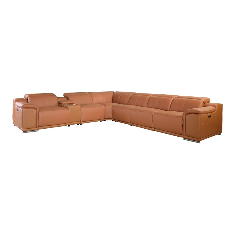 Pemberly Row 7-Piece 1 Console 3-Power Reclining Leather Sectional in Brown