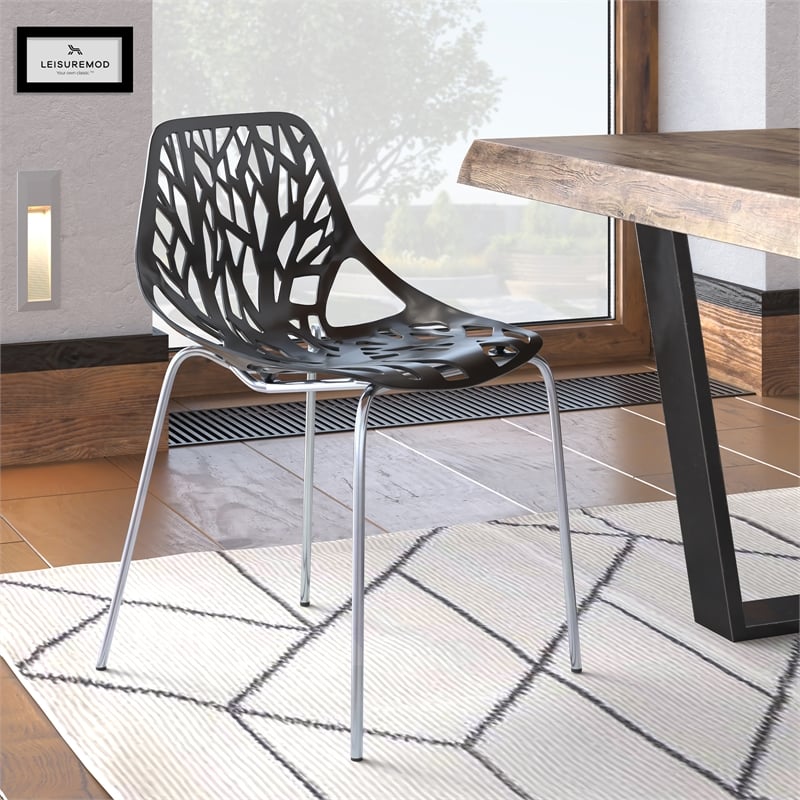 Pemberly Row Modern Dining Side Chair With Chromed Legs in Black