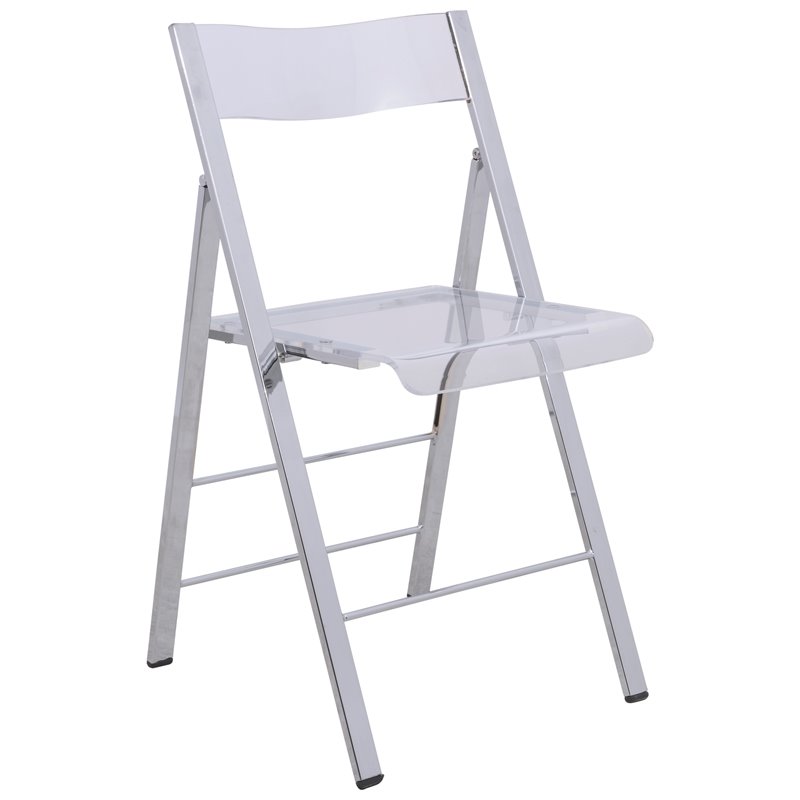 Pemberly Row Modern Acrylic Chrome Dining Folding Chair in Clear