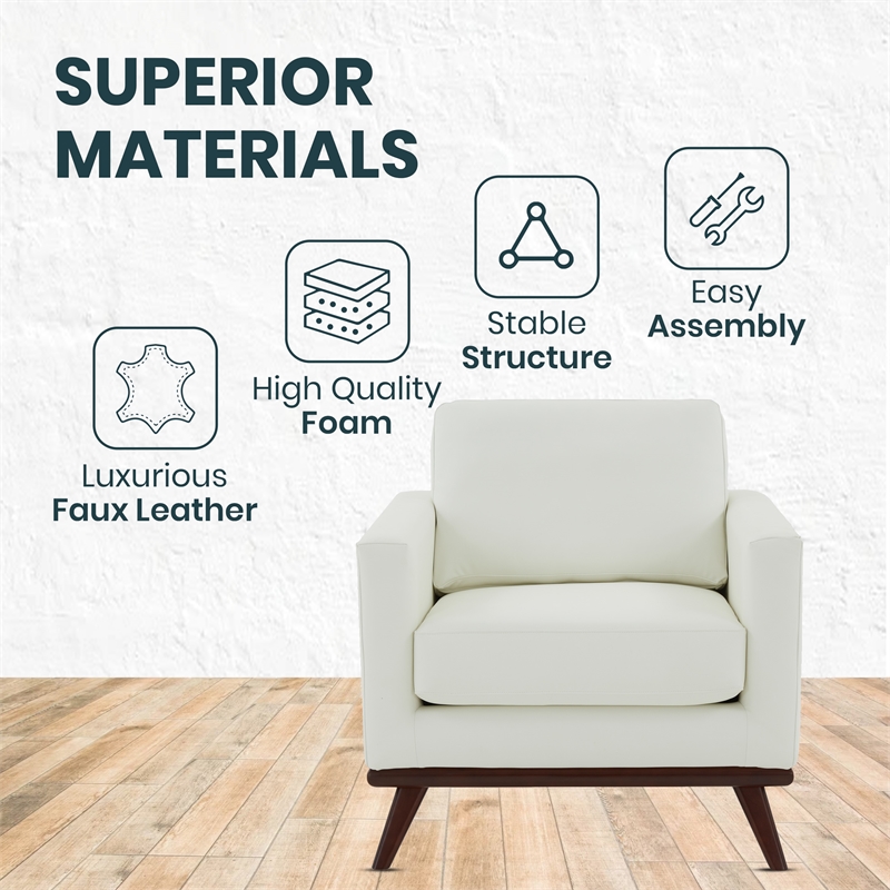 Pemberly Row Modern Faux Leather Arm Chair With Birch Wood Base White