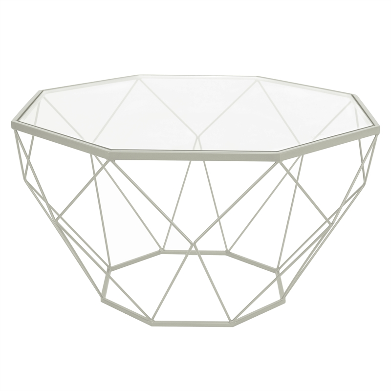 Pemberly Row Large Modern Octagon Glass Top Metal White Base Coffee Table