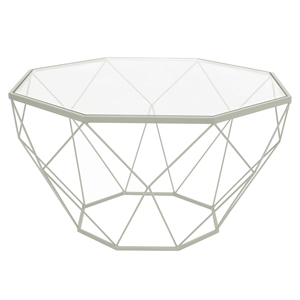 Pemberly Row Large Modern Octagon Glass Top Metal White Base Coffee Table