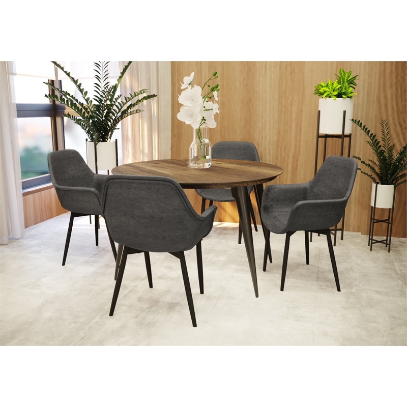 Pemberly Row Leather Dining Armchair Metal Legs Set of 4 in Charcoal Black