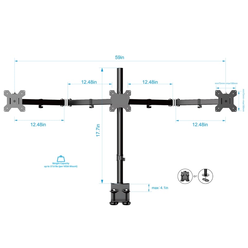 Pemberly Row 46in Adj Standing Desk Converter Triple Monitor Arm BUNDLE Black