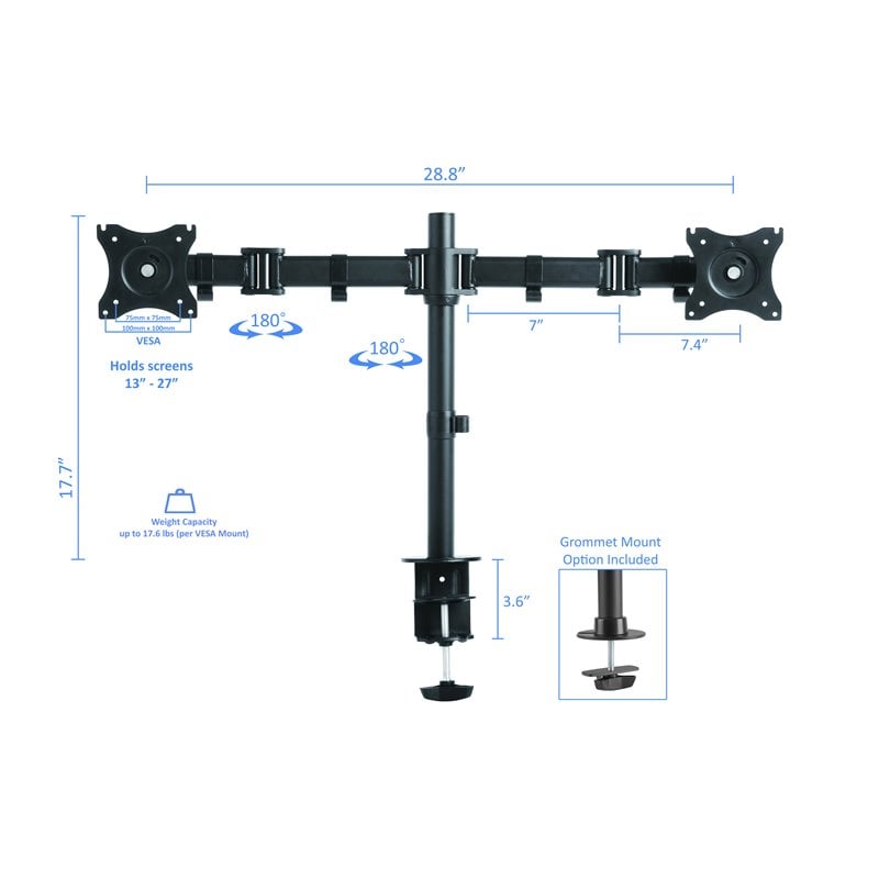 Pemberly Row Adj Corner Standing Desk Converter Dual Monitor Arm Bundle Black