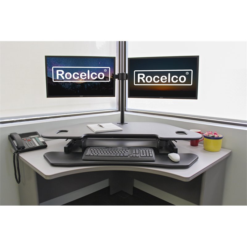 Pemberly Row Adj Corner Standing Desk Converter Dual Monitor Arm Bundle Black