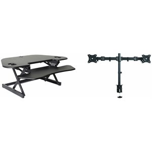 Pemberly Row Adj Corner Standing Desk Converter Dual Monitor Arm Bundle Black