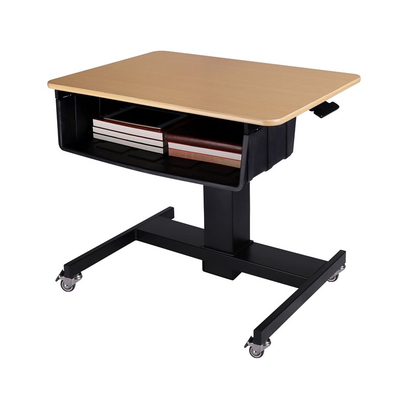 Pemberly Row Mobile School Standing Desk & Book Box Bundle in Wood Grain/Black