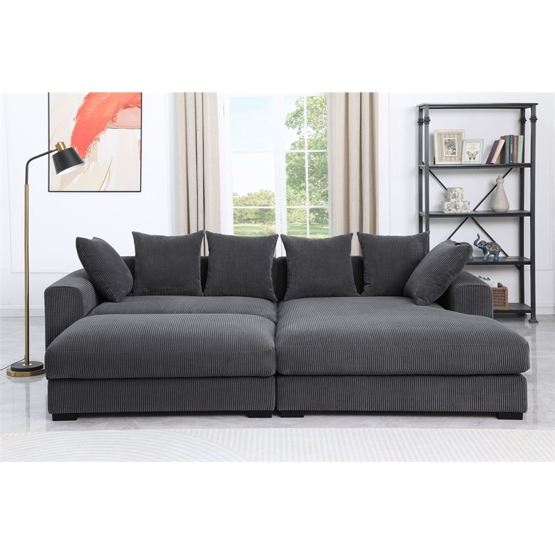 Pemberly Row 4-Piece Corduroy Sectional Sofa With Chaise & Ottoman-Dark Gray