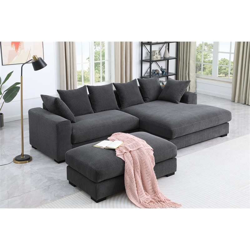 Pemberly Row 4-Piece Corduroy Sectional Sofa With Chaise & Ottoman-Dark Gray