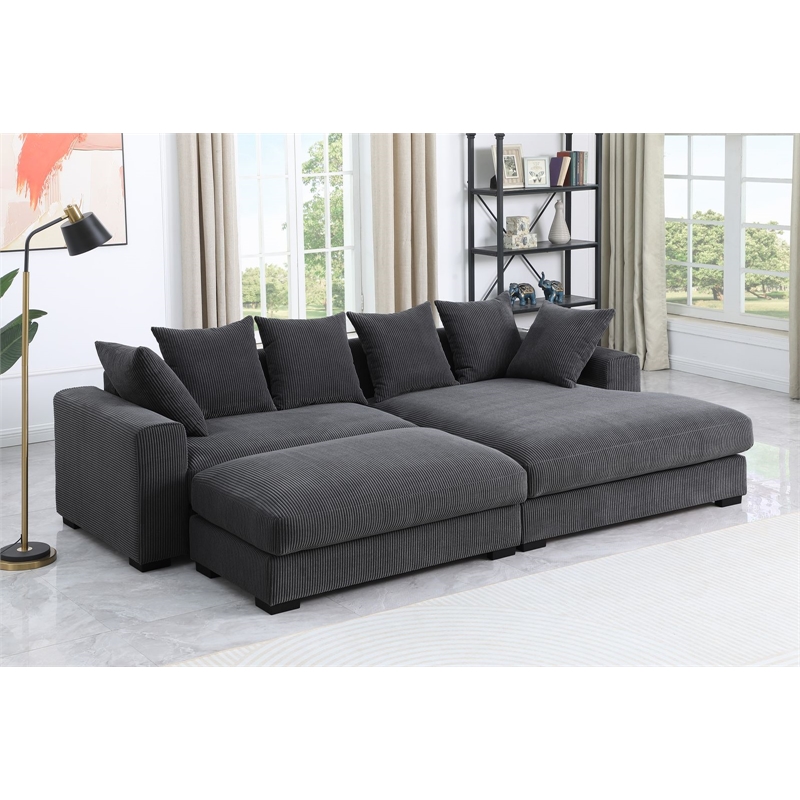 Pemberly Row 4-Piece Corduroy Sectional Sofa With Chaise & Ottoman-Dark Gray