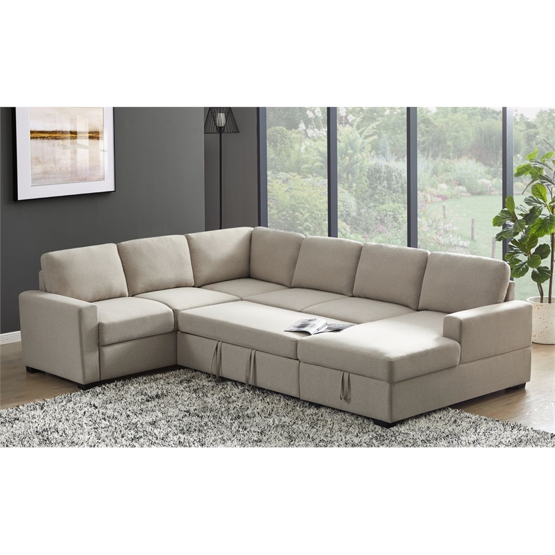 Pemberly Row Linen Left Hand Facing Sectional Sleeper Sofa Bed & Couch-Beige