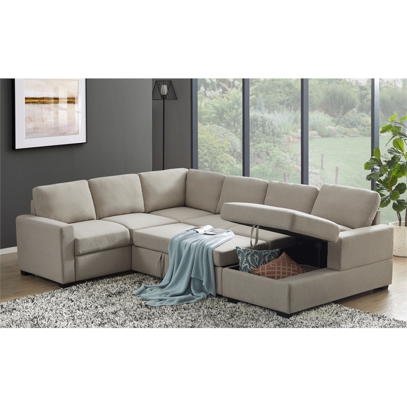 Pemberly Row Linen Left Hand Facing Sectional Sleeper Sofa Bed & Couch-Beige
