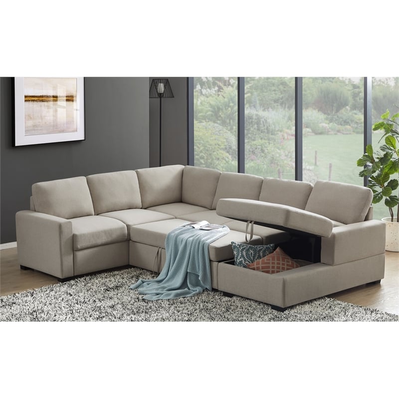 Pemberly Row Linen Left Hand Facing Sectional Sleeper Sofa Bed & Couch-Beige
