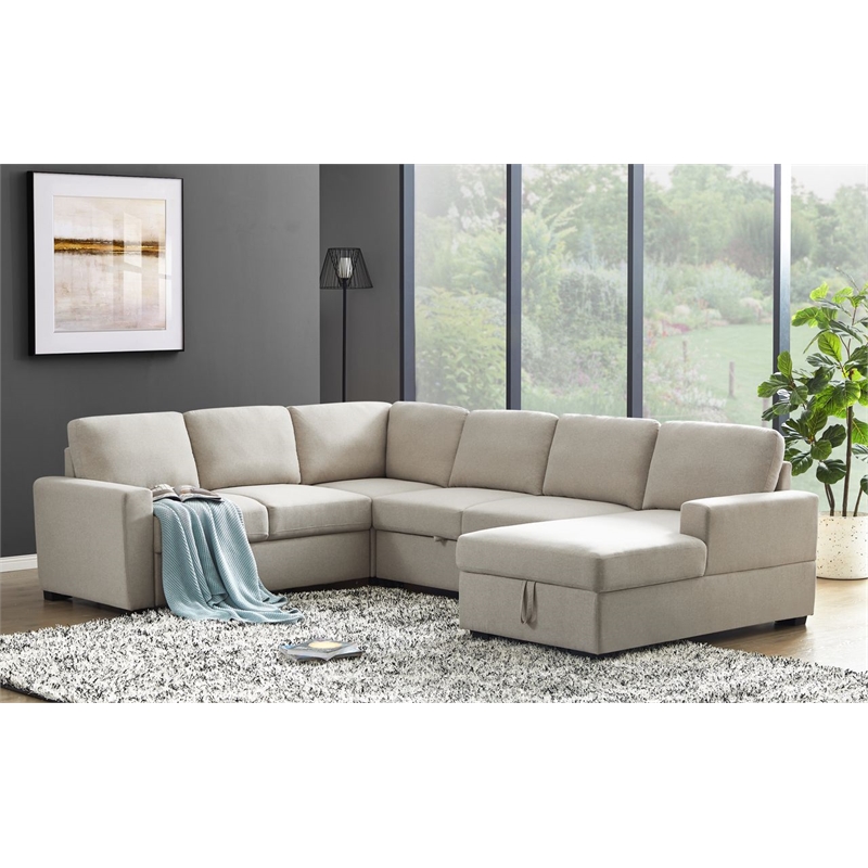 Pemberly Row Linen Left Hand Facing Sectional Sleeper Sofa Bed & Couch-Beige