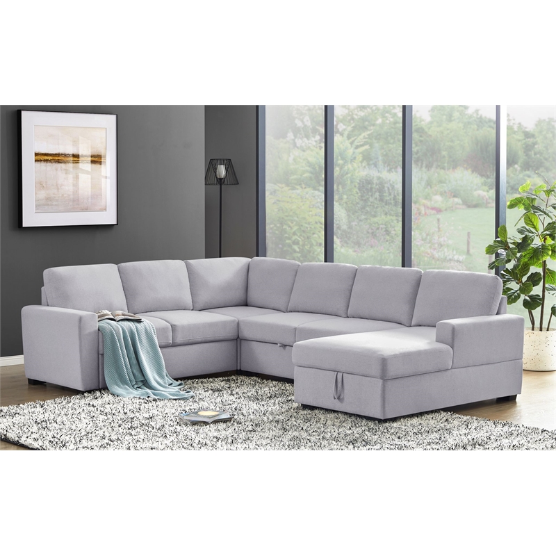 Pemberly Row Fabric Linen Left Hand Facing Sectional Sleeper Sofa Bed-LightGray