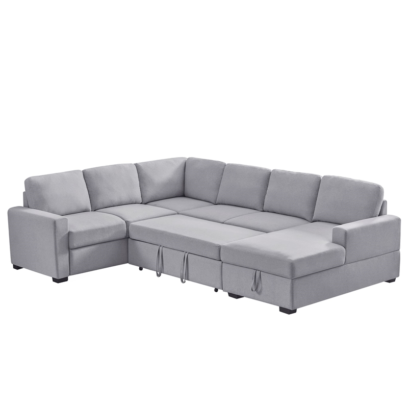 Pemberly Row Fabric Linen Left Hand Facing Sectional Sleeper Sofa Bed-LightGray