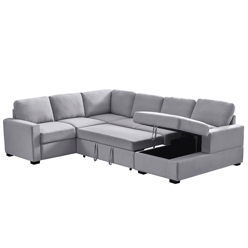 Pemberly Row Fabric Linen Left Hand Facing Sectional Sleeper Sofa Bed-LightGray