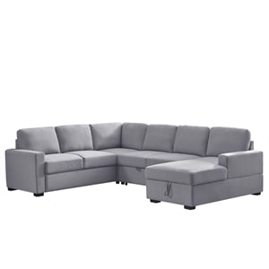 Pemberly Row Fabric Linen Left Hand Facing Sectional Sleeper Sofa Bed-LightGray
