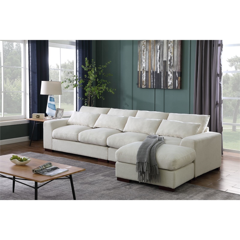 Pemberly Row Fabric Square Arm Modular Reversible Sectional Sofa & Ottoman-Beige