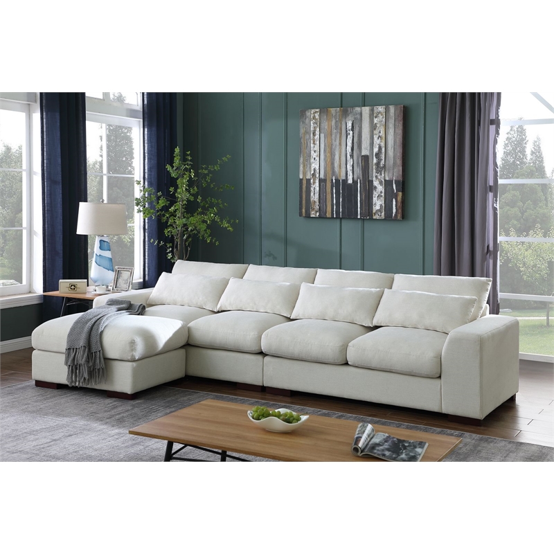 Pemberly Row Fabric Square Arm Modular Reversible Sectional Sofa & Ottoman-Beige