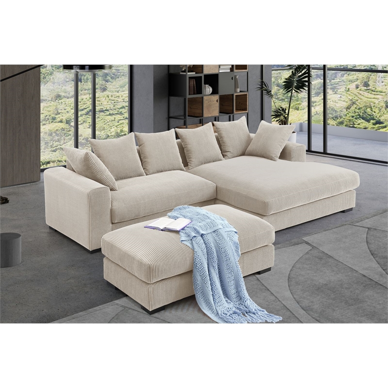 Pemberly Row 4-Piece Corduroy Sectional Sofa With Chaise & Ottoman - Beige