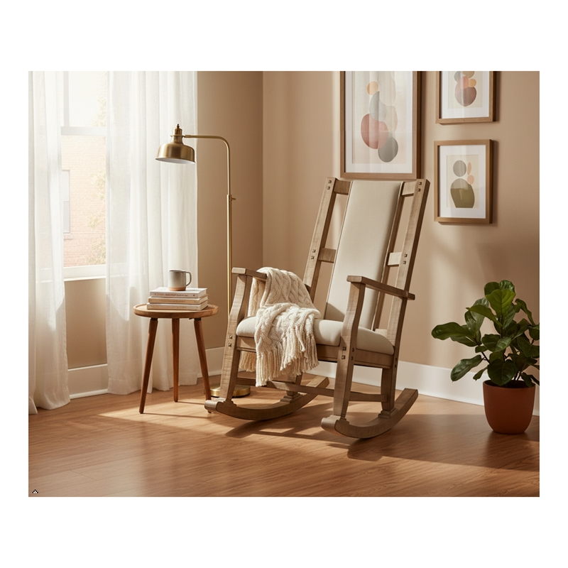 Pemberly Row Mahogany Rocking Chair with Cushion Seat & Back in Beige