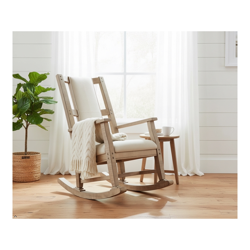 Pemberly Row Mahogany Rocking Chair with Cushion Seat & Back in Beige