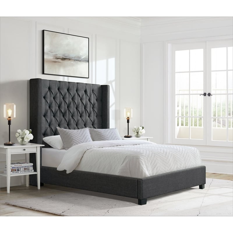 Pemberly Row Traditional King Tufted Upholstered Bed in Charcoal