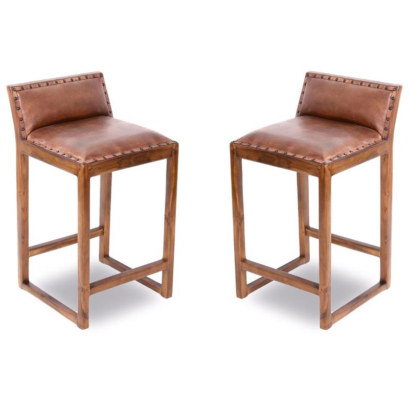 Pemberly Row Mid Century Modern Leather Counter Stool in Cognac Tan - Set of 2