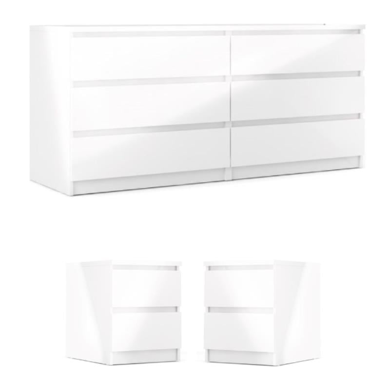 Pemberly Row 3-Piece Set with 2 Nightstands and Double Dresser in White Gloss