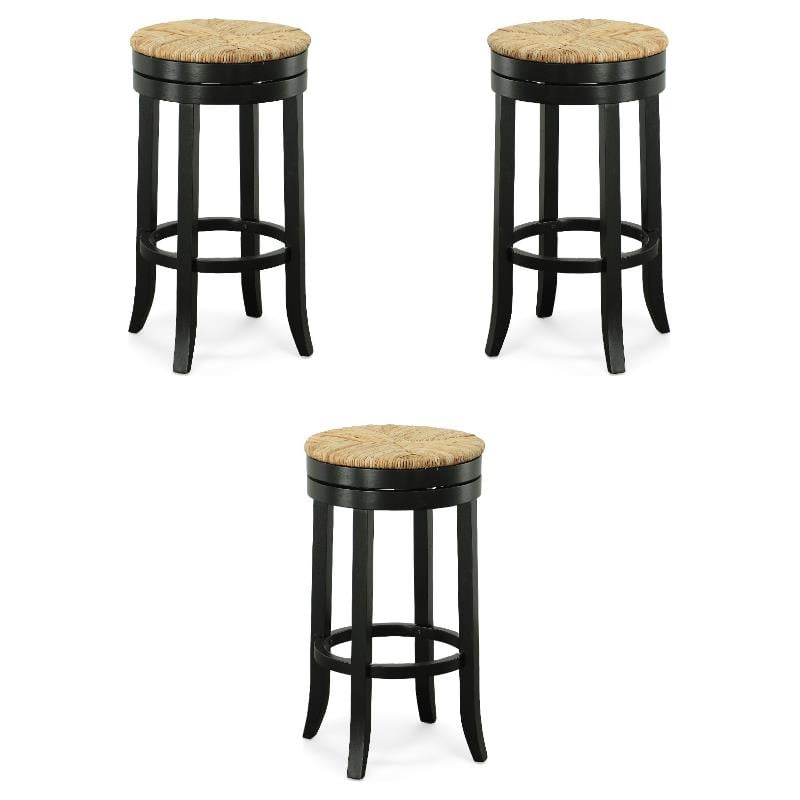 Pemberly Row Swivel Rush Seat Bar Stool in Antique Black - Set of 3
