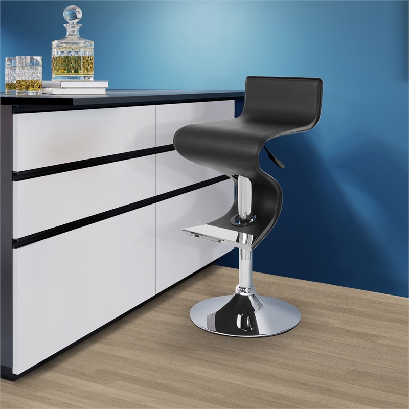 Pemberly Row Faux Leather Adjustable Bar Stool in Black - Set of 3