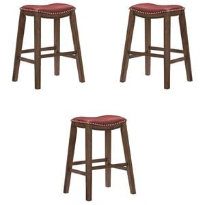 Pemberly Row 29&quot Upholstered Faux Leather Saddle Bar Stool in Red - Set of 3