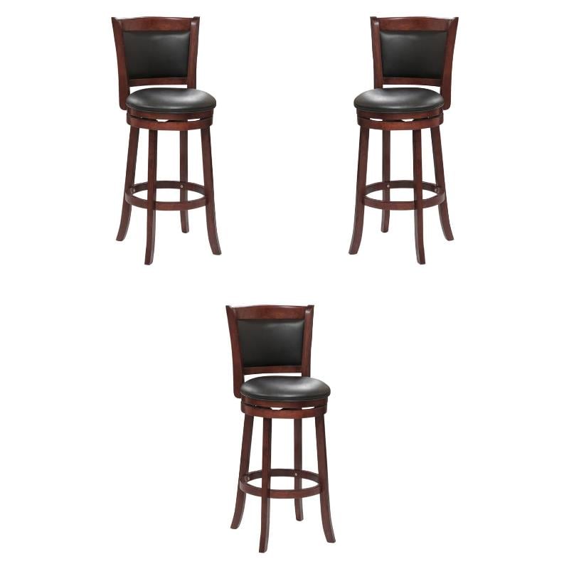 Pemberly Row Faux Leather Bar Stool Set with Wood Base in Dark Cherry - Set of 3
